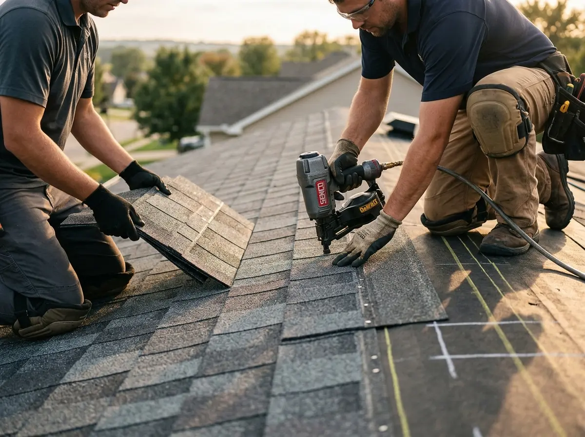 Professional roofer working on a residential roof in Compton